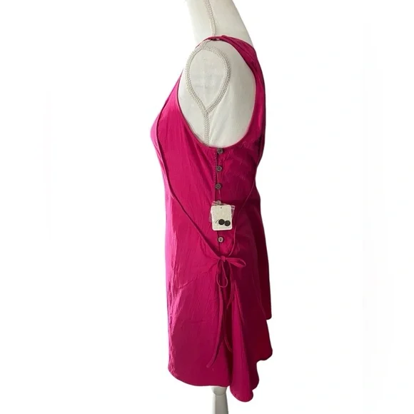 Free People Forever fancy Hot Pink Mini Dress Tie sides with buttons Size S NWT - Picture 6 of 11